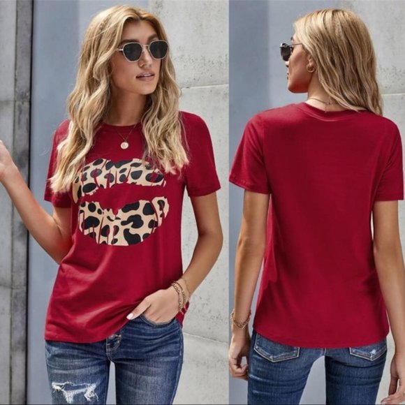 Infinity Raine Tops - LAST ONE KISS AND MAKE UP LEOPARD LIPS TEE-RED